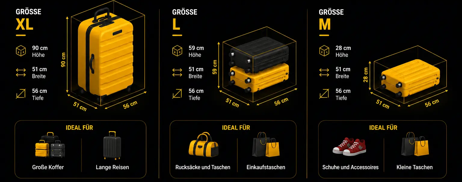 Infografik mit Schließfachgrößen M, L und XL für Gepäck in Granada