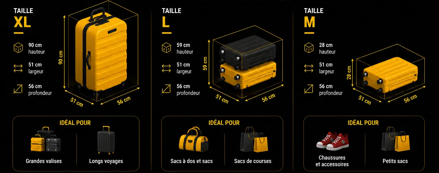 Infographie des tailles de consignes M, L et XL pour déposer des bagages à Grenade