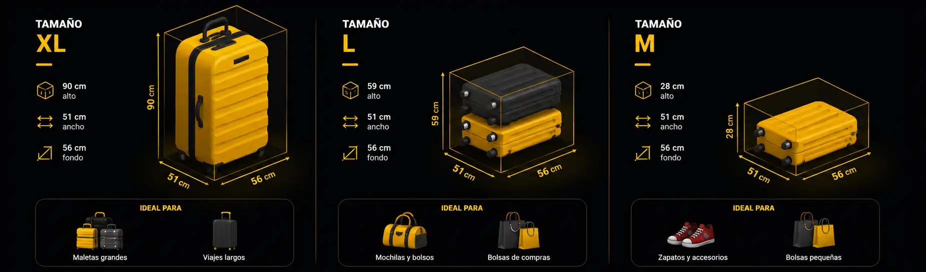 Infografía de tamaños de consignas M, L y XL para guardar equipaje en Granada